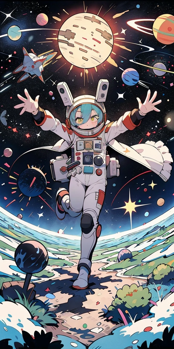 Absurd resolution, high resolution, (work of art:1.4), ultra detali, 1 girl, in spacesuit, viewed from the top, space, floating, satellite, running pose, wide-angle lens distortion