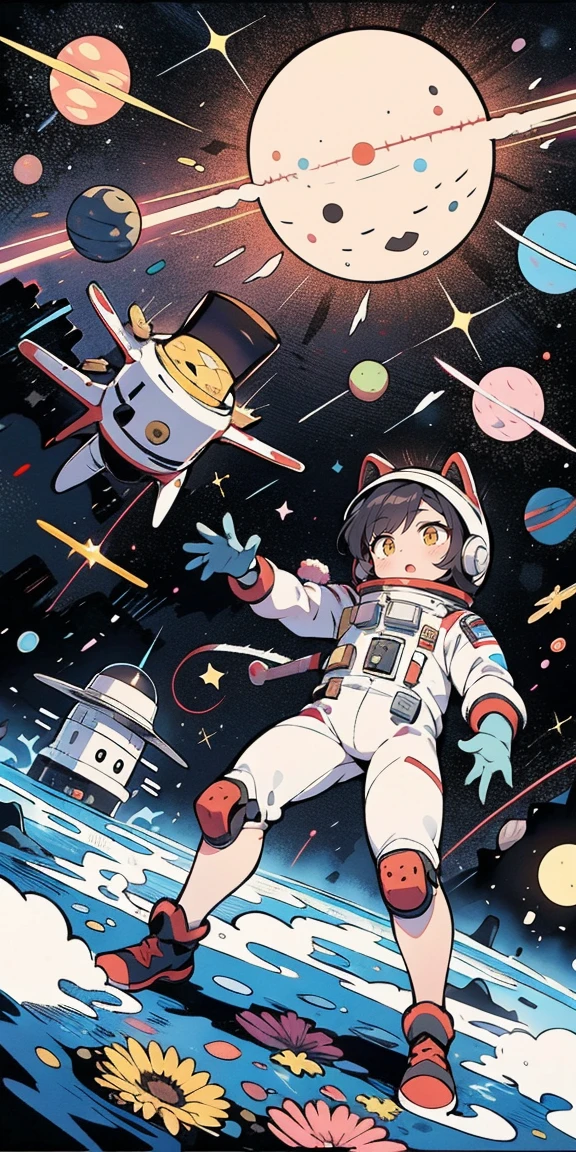 Absurd resolution, high resolution, (work of art:1.4), ultra detali, 1 girl, in spacesuit, viewed from the top, space, floating, satellite, running pose, wide-angle lens distortion