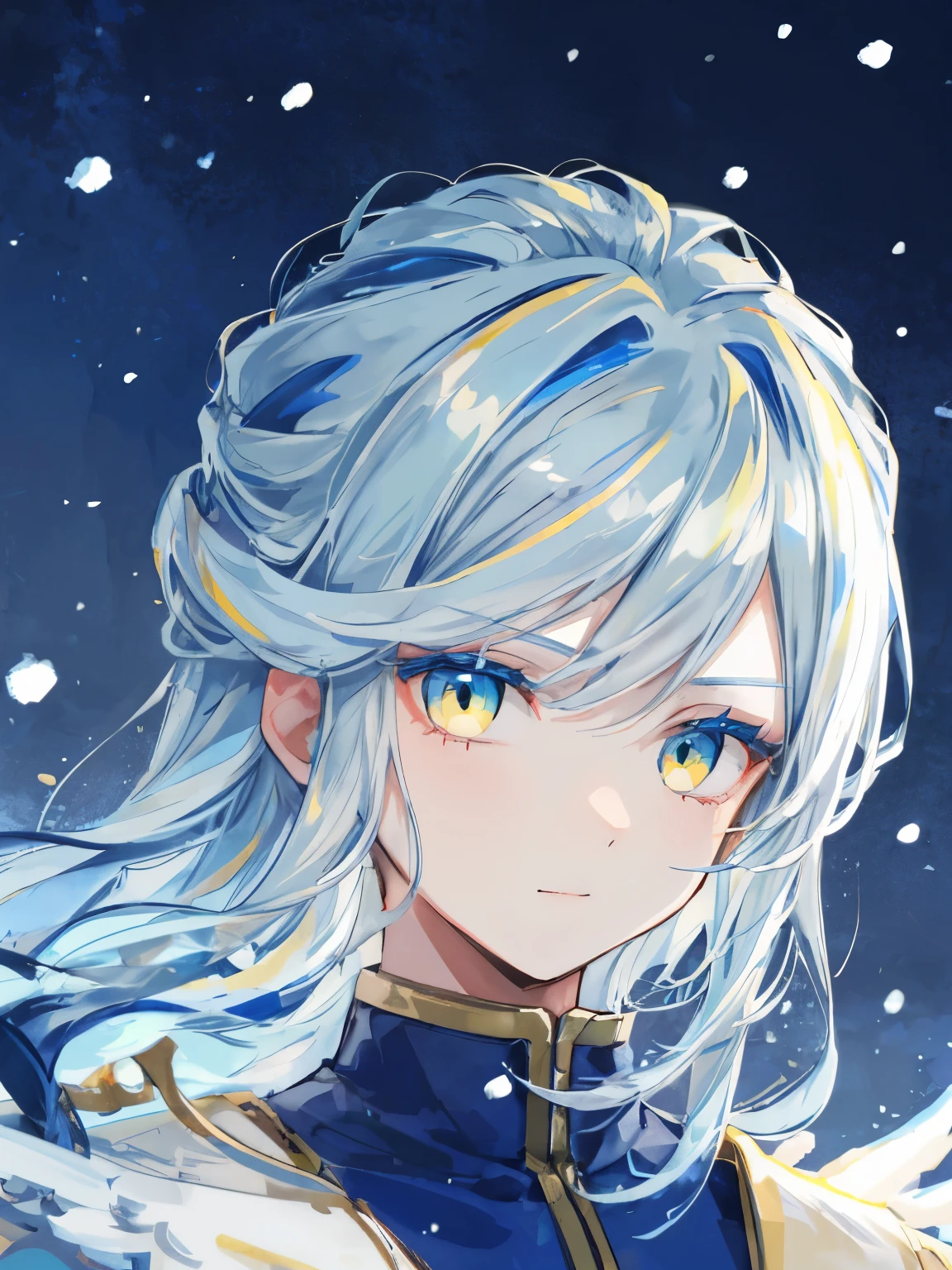 highest quality、best quality、super detailed、perfect face、very detailed、very delicate、1 boy, (cute), Angel, light blue hair、half up、place々Blue Mesh、blue and yellow gradient eyes、Noble attire、snow mountain、Snow blows、nature