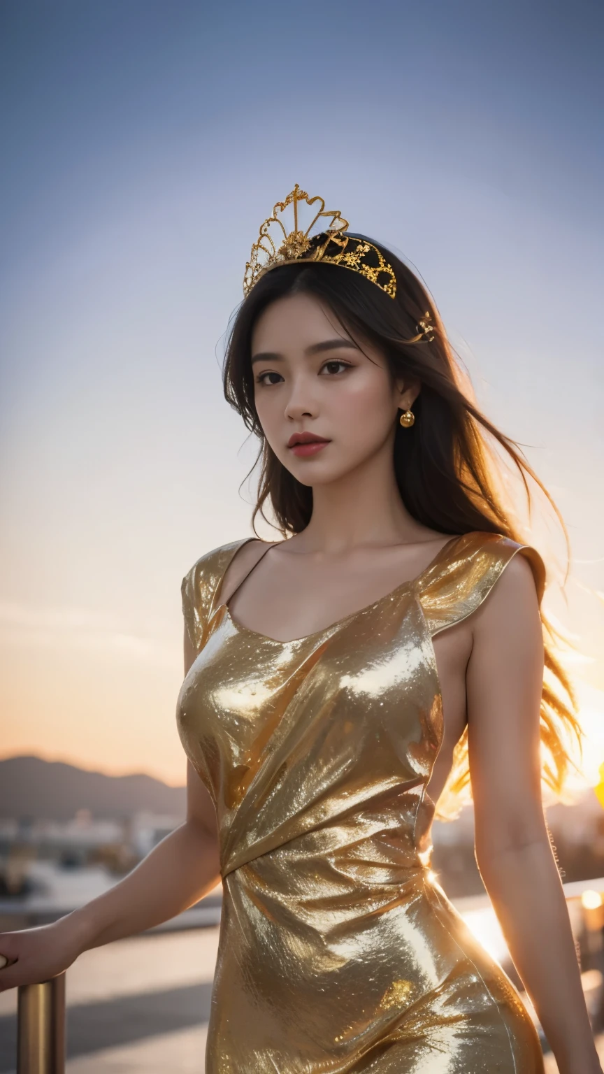 black hair, Surrealism, 8k, super detail, UHD, masterpiece, ccurate, anatomically correct, textured skin, super detail, high details, high quality, best quality, 8k，Beautiful woman，(golden dress:1.5)，Glittering costumes，Princess，western castle