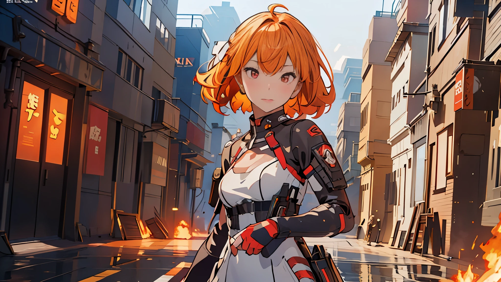 The alone young girl , short light blond hair , red eyes , standing , shotgun , sci-fi city , High detail mature face, combat suit, white glove, black boot, Standing, High detail mature face, combat suit, high res, ultra sharp, She stands confidently in the center of the poster, Shooting pose，explosion effect, a determined expression on her face。The background is dark and gritty，There is a sense of danger and a strong feeling。The text is bold and eye-catching，With catchy slogans，Adds to the overall drama and excitement。The color palette is dominated by dark colors，Dotted with bright colorake the poster dynamic and visually striking，(Magazines:1.3), (Cover-style:1.3), Fashion, vibrant, Outfit, posing on a, Front, rich colorful，Background with，element in，self-assured，Expressing the，halter，statement，Attachment，A majestic，coil，Runt，Touching pubic area，Scenes，text，Cover of a，boldness，attention-grabbing，titles，Fashion，typeface，，Best quality at best，Hyper-detailing，8K ，hyper HD