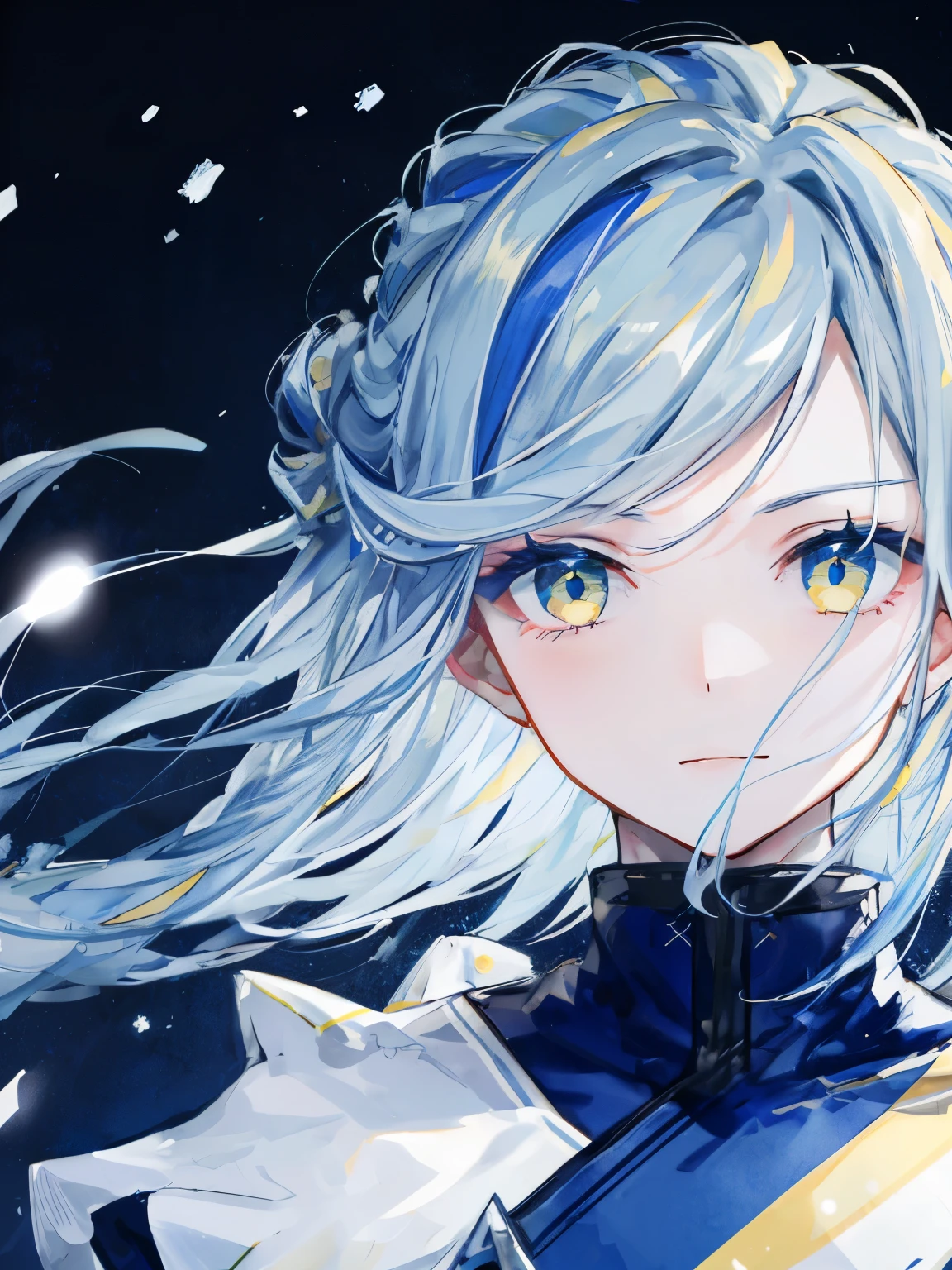 highest quality、best quality、super detailed、perfect face、very detailed、very delicate、1 boy, (cute), Angel, light blue hair、half up、place々Blue Mesh、blue and yellow gradient eyes、Noble attire、snow mountain、Snow blows、nature