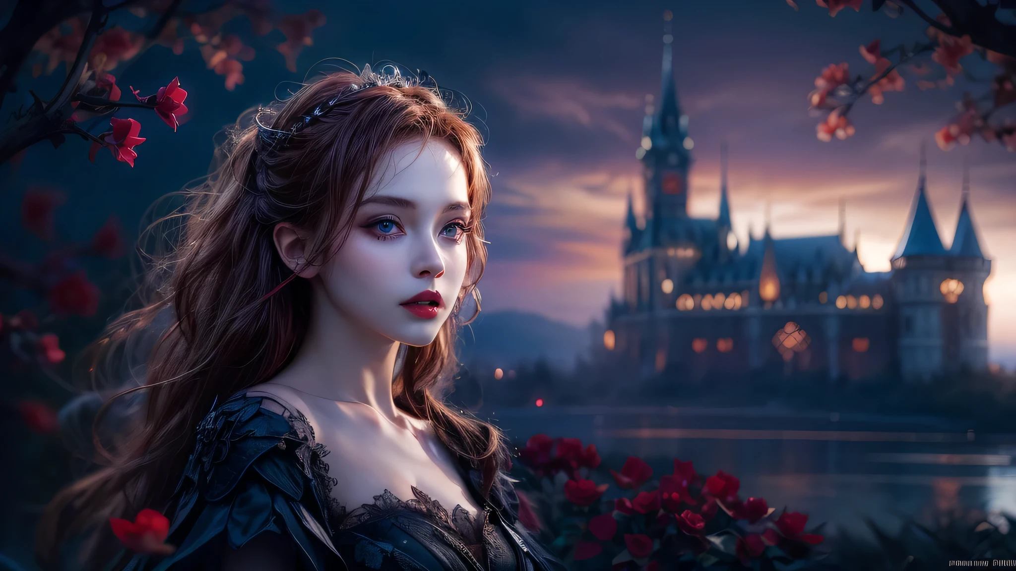 2 girls, two girls, Vampire Princesses,16 years old,breathtakingly beautiful,blue eyes, long curly red hair,(best quality,4k,8k,highres,masterpiece:1.2),ultra-detailed,(realistic,photorealistic,photo-realistic:1.37),softly glowing pale skin,pure blooded,porcelain-like complexion,elegant and refined features,graceful posture,dark and mysterious atmosphere,gothic fashion,flowing black lace dress,touch of red in her clothes,dainty silver jewelry with ruby accents,subtle yet captivating smile,slightly pointed canines,translucent wings resembling bat wings,subtle shimmering effect on her wings,gardens filled with blooming blood roses,vivid red petals contrasted with the darkness,enchanting moonlit night,dark and hauntingly beautiful castle in the background,splashes of moonlight illuminating her ethereal beauty,dark shadows and dramatic lighting,icy stare that freezes the hearts of those who dare to meet her gaze,air of authority and power,symbol of both danger and allure,night sky filled with swirling mist and sparkling stars,subtle color palette with shades of deep blue,purple,and black,subdued lighting with soft moonlight casting an ethereal glow,vibrant yet elegant style,with a touch of darkness and mystery,portraits,fantasy,horror.