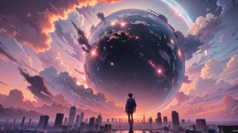 anime, man, city, sky, cityscape, space, stars, clouds, cityscape, man, cityscape, space, citysca, style hybrid mix of beeple, b...