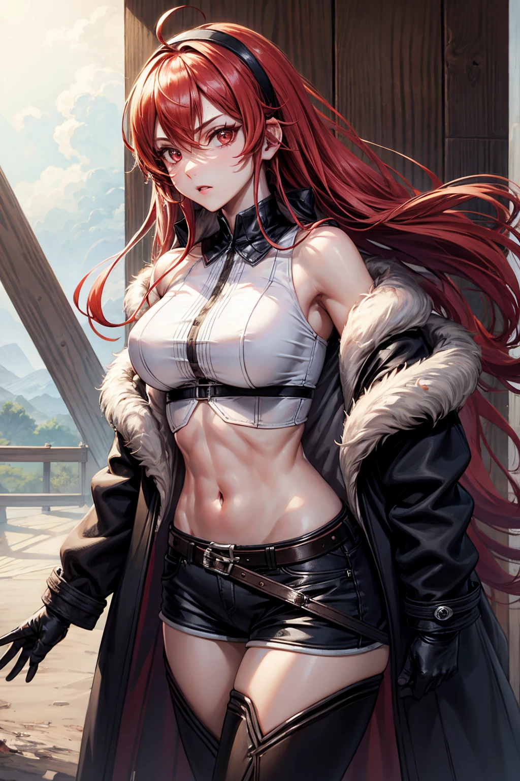 masterpiece, best quality, expressive eyes, perfect face, (cowboy shot), loking at viewer, crossed bangs, solo, 1girl, erisc, red hair, long hair, hairband, ahoge, red eyes, white shirt, large breasts, long hair, fur-trimmed jacket, black jacket, open jacket, coat, crop top, mature female, forest, sky, black thighhighs, gloves, long sleeves, navel, short shorts, black shorts, belt