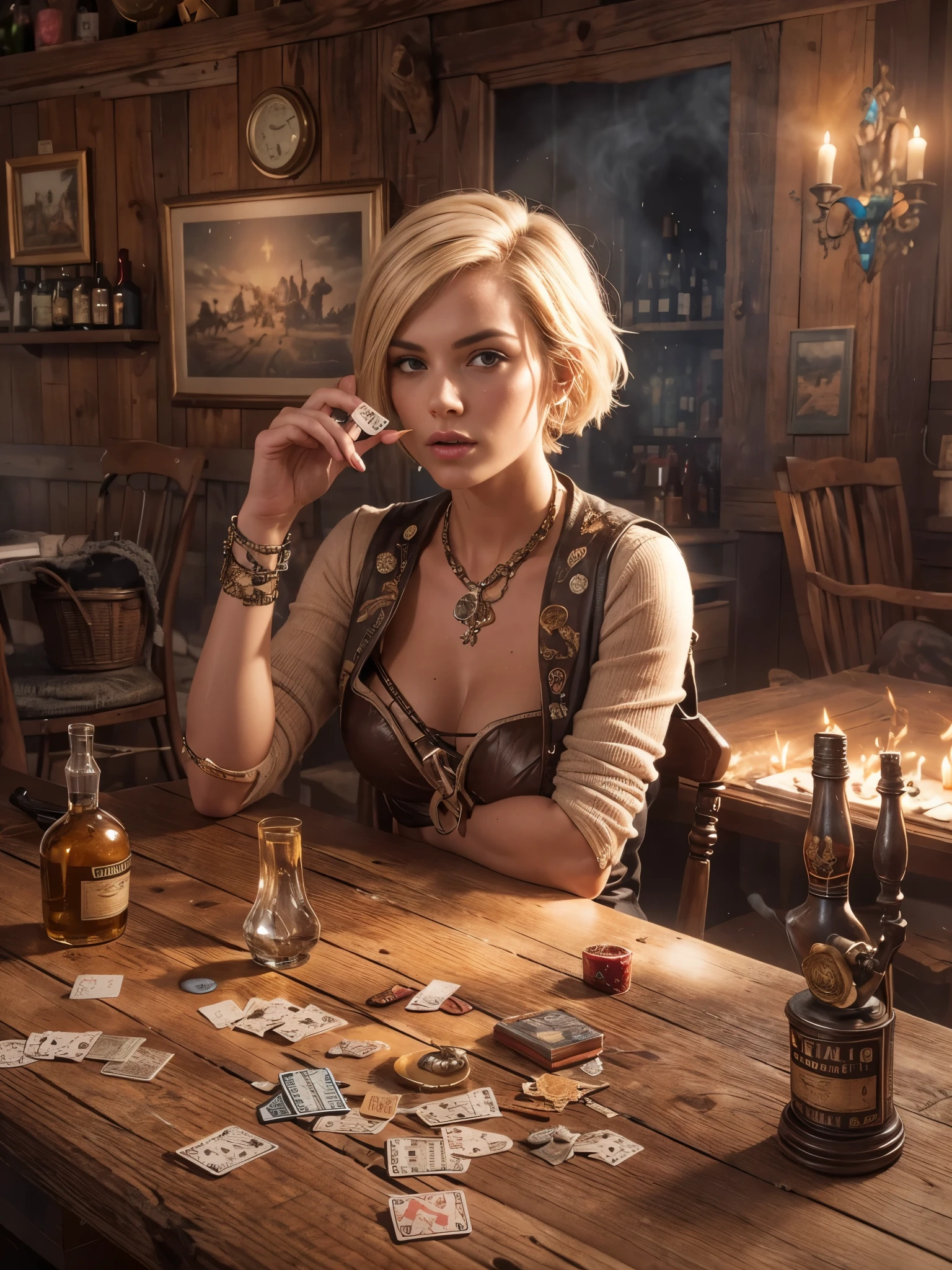 Cowboy femelle aux cheveux courts dans un saloon dans le Far West,blond,séance,Pipe à fumer,tableau Wisky,Piano,Revolver à 6 balles,Baril,tableau,Jouer aux cartes,Poussière,ouvrages d&#39;art,3D,4K,détaillé,réaliste