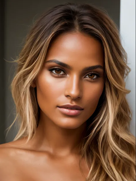 a photorealistic portrait of a stunningly beautiful tanned brazilian female supermodel with light make-up, photo for the cover o...