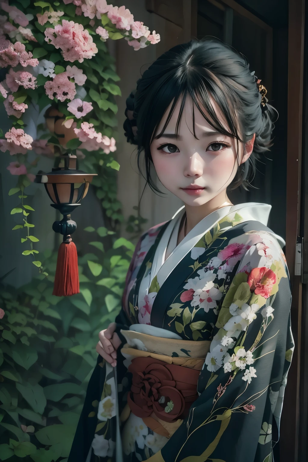 Digitales Portrait einer kurzhaarigen Frau aus Japan, schönes Gesicht,Haare unordentlich,Verworren, filmisch, Unreal Engine 5, eine wunderschöne, Unglaubliche Farbkorrektur, Kimono,Japanisches Kleid,sowie, Fotografie, Filmische Fotografie, Kunst von、ssmile