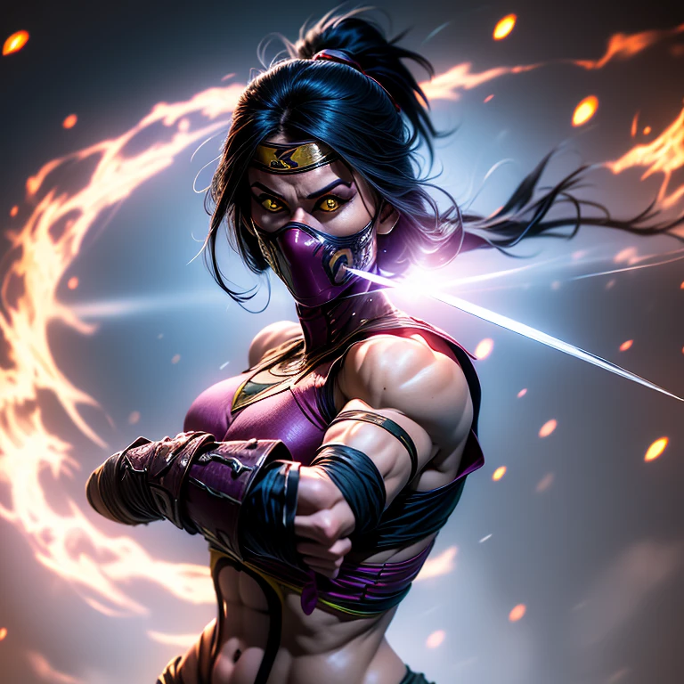 Realistic, 1girl, Mileena from Mortal Kombat, high quality, detailed, (Mortal Kombat: 1.6), wearing Kakashi suit, (realistic, photo-realistic: 1.3), toned physique, broad shoulders, defined abs, long legs, detailed outfit, intricate patterns on the suit, green headband, ninja mask covering the upper part of the face, piercing green eyes, intense gaze, determined expression, sword in hand, battle-ready stance, sword reflecting light, motion blur effect, soft focus on the eyes, cinematic, hyperdetailed.