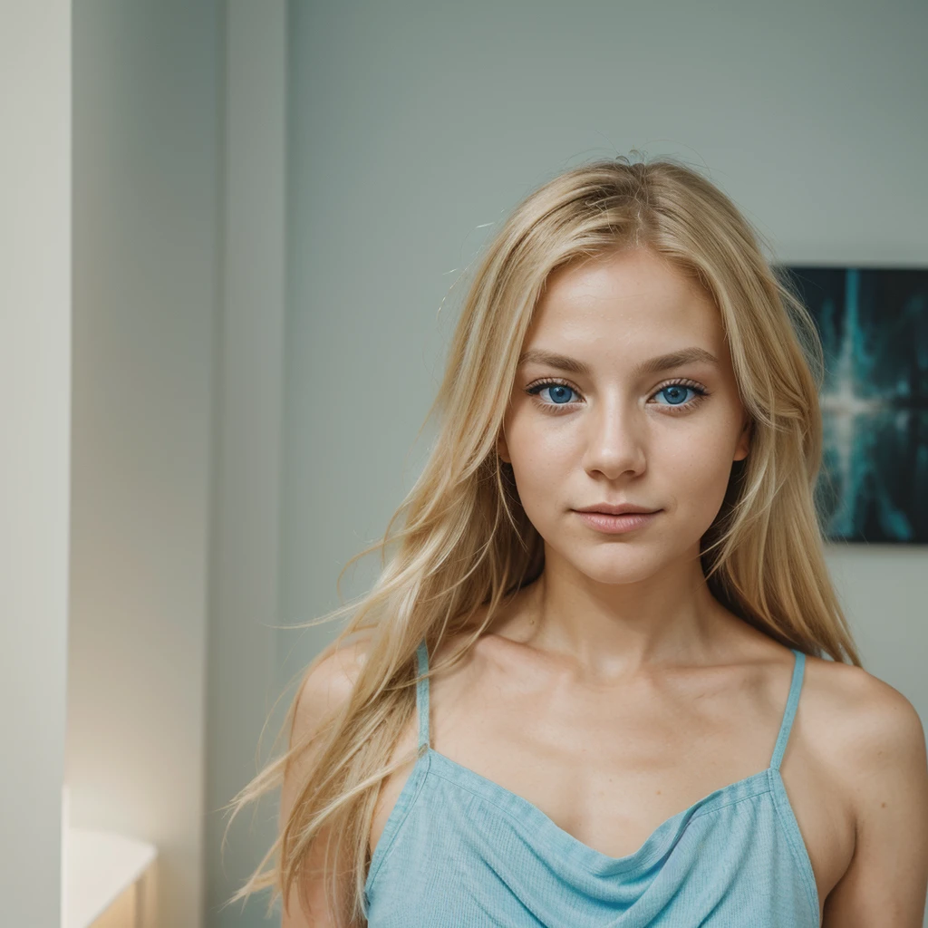 Compose a captivating selfie of a beautiful Swedish woman in her mid-20s, showcasing her blonde hair and radiant light blue eyes. Capture the essence of her youthful charm and create an image that resonates with the vibrancy and grace of a Nordic Beauty --style raw --stylize 750 --v 6