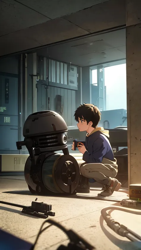 There's a boy who's kneeling with a robot, de um filme 2 0 1 9 sci fi 8k, little girl meets robot, Pino Daeni e Dan Mumford, por...