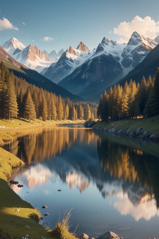 In the best quality, 4K and 8K resolution, feast your eyes on this ultra-detailed masterpiece (1.2:1.37) of a landscape. The serene atmosphere is filled with lush greenery and majestic mountains that boast captivating peaks, crystal clear lakes, and snow-covered summits. The majestic cliffs loom over peaceful valleys, where gently flowing rivers meander through. Sunlit meadows reflect gentle sunlight filtering through the trees, creating a harmonious color palette of different shades of blue. The sunrise and sunset hues cast a warm glow over the scene, while the clean and crisp air invig