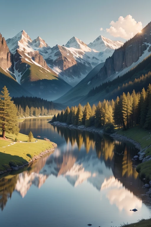 In the best quality, 4K and 8K resolution, feast your eyes on this ultra-detailed masterpiece (1.2:1.37) of a landscape. The serene atmosphere is filled with lush greenery and majestic mountains that boast captivating peaks, crystal clear lakes, and snow-covered summits. The majestic cliffs loom over peaceful valleys, where gently flowing rivers meander through. Sunlit meadows reflect gentle sunlight filtering through the trees, creating a harmonious color palette of different shades of blue. The sunrise and sunset hues cast a warm glow over the scene, while the clean and crisp air invig