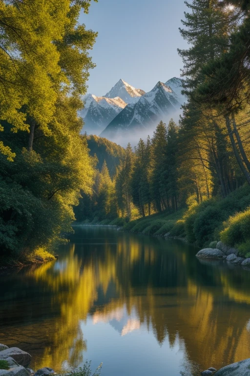 In the best quality, 4K and 8K resolution, feast your eyes on this ultra-detailed masterpiece (1.2:1.37) of a landscape. The serene atmosphere is filled with lush greenery and majestic mountains that boast captivating peaks, crystal clear lakes, and snow-covered summits. The majestic cliffs loom over peaceful valleys, where gently flowing rivers meander through. Sunlit meadows reflect gentle sunlight filtering through the trees, creating a harmonious color palette of different shades of blue. The sunrise and sunset hues cast a warm glow over the scene, while the clean and crisp air invig