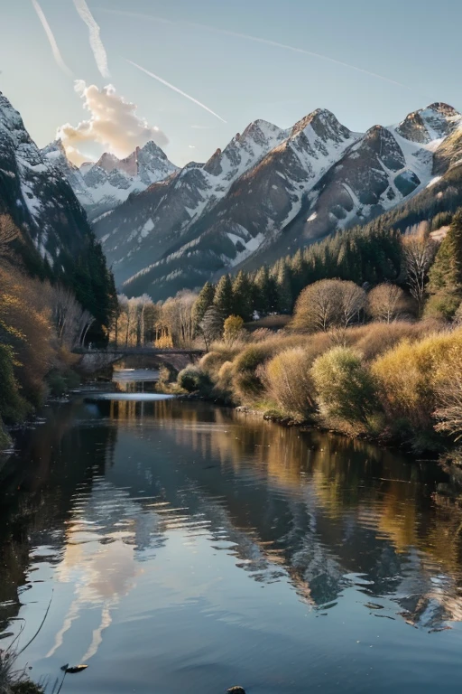 In the best quality, 4K and 8K resolution, feast your eyes on this ultra-detailed masterpiece (1.2:1.37) of a landscape. The serene atmosphere is filled with lush greenery and majestic mountains that boast captivating peaks, crystal clear lakes, and snow-covered summits. The majestic cliffs loom over peaceful valleys, where gently flowing rivers meander through. Sunlit meadows reflect gentle sunlight filtering through the trees, creating a harmonious color palette of different shades of blue. The sunrise and sunset hues cast a warm glow over the scene, while the clean and crisp air invig