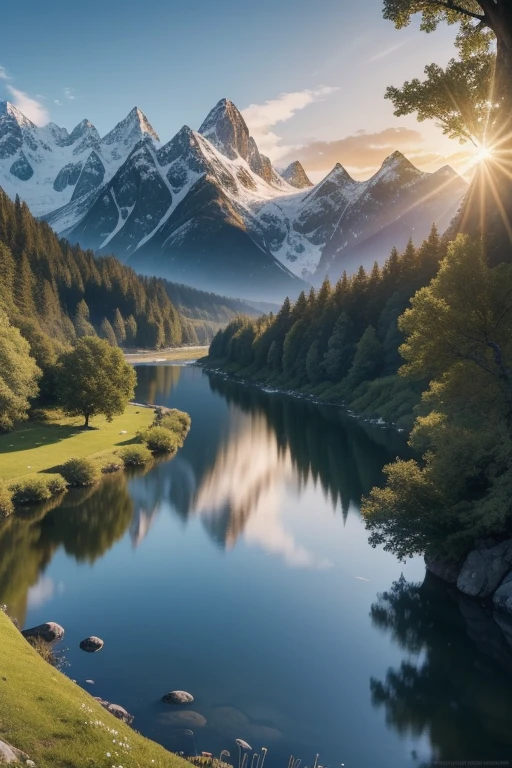 In the best quality, 4K and 8K resolution, feast your eyes on this ultra-detailed masterpiece (1.2:1.37) of a landscape. The serene atmosphere is filled with lush greenery and majestic mountains that boast captivating peaks, crystal clear lakes, and snow-covered summits. The majestic cliffs loom over peaceful valleys, where gently flowing rivers meander through. Sunlit meadows reflect gentle sunlight filtering through the trees, creating a harmonious color palette of different shades of blue. The sunrise and sunset hues cast a warm glow over the scene, while the clean and crisp air invig