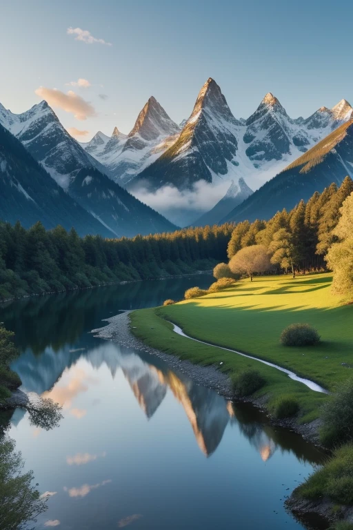 In the best quality, 4K and 8K resolution, feast your eyes on this ultra-detailed masterpiece (1.2:1.37) of a landscape. The serene atmosphere is filled with lush greenery and majestic mountains that boast captivating peaks, crystal clear lakes, and snow-covered summits. The majestic cliffs loom over peaceful valleys, where gently flowing rivers meander through. Sunlit meadows reflect gentle sunlight filtering through the trees, creating a harmonious color palette of different shades of blue. The sunrise and sunset hues cast a warm glow over the scene, while the clean and crisp air invig