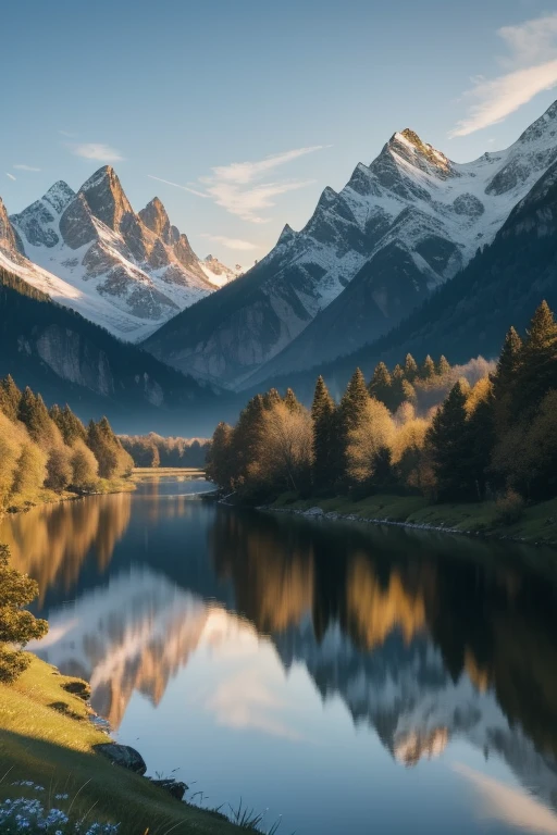 In the best quality, 4K and 8K resolution, feast your eyes on this ultra-detailed masterpiece (1.2:1.37) of a landscape. The serene atmosphere is filled with lush greenery and majestic mountains that boast captivating peaks, crystal clear lakes, and snow-covered summits. The majestic cliffs loom over peaceful valleys, where gently flowing rivers meander through. Sunlit meadows reflect gentle sunlight filtering through the trees, creating a harmonious color palette of different shades of blue. The sunrise and sunset hues cast a warm glow over the scene, while the clean and crisp air invig