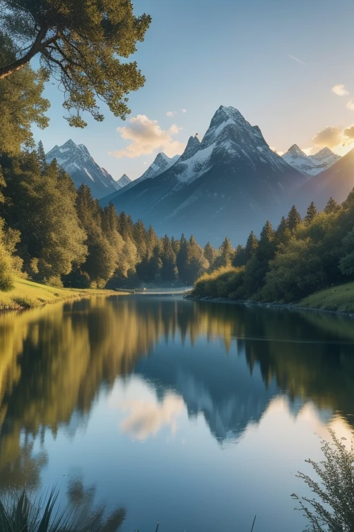 In the best quality, 4K and 8K resolution, feast your eyes on this ultra-detailed masterpiece (1.2:1.37) of a landscape. The serene atmosphere is filled with lush greenery and majestic mountains that boast captivating peaks, crystal clear lakes, and snow-covered summits. The majestic cliffs loom over peaceful valleys, where gently flowing rivers meander through. Sunlit meadows reflect gentle sunlight filtering through the trees, creating a harmonious color palette of different shades of blue. The sunrise and sunset hues cast a warm glow over the scene, while the clean and crisp air invig