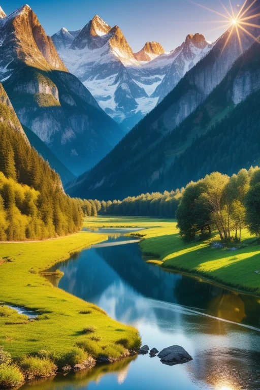 In the best quality, 4K and 8K resolution, feast your eyes on this ultra-detailed masterpiece (1.2:1.37) of a landscape. The serene atmosphere is filled with lush greenery and majestic mountains that boast captivating peaks, crystal clear lakes, and snow-covered summits. The majestic cliffs loom over peaceful valleys, where gently flowing rivers meander through. Sunlit meadows reflect gentle sunlight filtering through the trees, creating a harmonious color palette of different shades of blue. The sunrise and sunset hues cast a warm glow over the scene, while the clean and crisp air invig