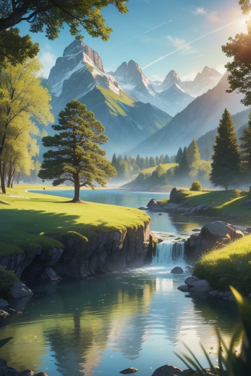 In the best quality, 4K and 8K resolution, feast your eyes on this ultra-detailed masterpiece (1.2:1.37) of a landscape. The serene atmosphere is filled with lush greenery and majestic mountains that boast captivating peaks, crystal clear lakes, and snow-covered summits. The majestic cliffs loom over peaceful valleys, where gently flowing rivers meander through. Sunlit meadows reflect gentle sunlight filtering through the trees, creating a harmonious color palette of different shades of blue. The sunrise and sunset hues cast a warm glow over the scene, while the clean and crisp air invig