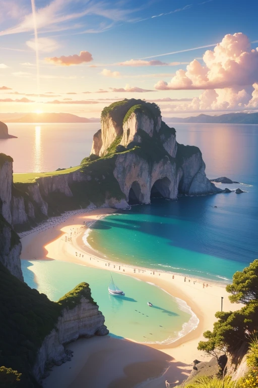 (best quality,4k,8k,highres,masterpiece:1.2),ultra-detailed,(realistic,photorealistic,photo-realistic:1.37),landscape,seascape,natural beauty,serene atmosphere,calm waves,glistening ocean,glorious summer,sandy beach,sun-kissed horizon,blissful tranquility,majestic cliffs,swaying palm trees,clear blue sky,gentle breeze,endless horizon,splendid sunlight,breathtaking colors,vibrant hues,harmonious composition,soft reflections,ethereal ambiance,peaceful escape,warm sunlight illuminating the scenery,sparkling water,secluded paradise,enchanting shoreline,distant sailboats,seagulls soaring in the sky,invigorating scent of saltwater,pure serenity,secluded cove,azure waters,pristine beauty,unspoiled nature,captivating view,scenic wonder,natural oasis,dreamlike paradise.