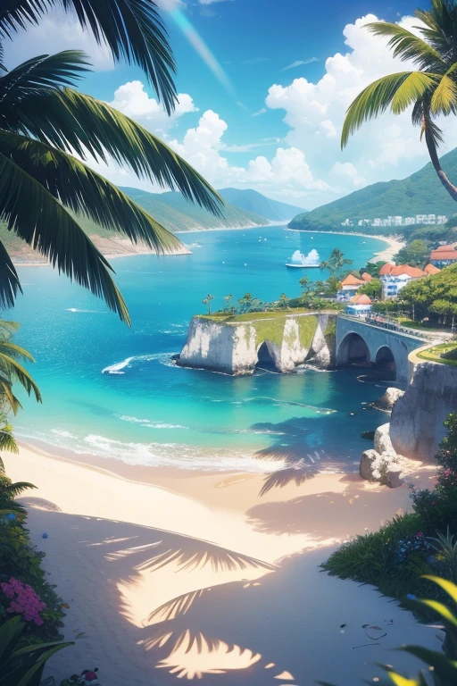 (best quality,4k,8k,highres,masterpiece:1.2),ultra-detailed,(realistic,photorealistic,photo-realistic:1.37),landscape,seascape,natural beauty,serene atmosphere,calm waves,glistening ocean,glorious summer,sandy beach,sun-kissed horizon,blissful tranquility,majestic cliffs,swaying palm trees,clear blue sky,gentle breeze,endless horizon,splendid sunlight,breathtaking colors,vibrant hues,harmonious composition,soft reflections,ethereal ambiance,peaceful escape,warm sunlight illuminating the scenery,sparkling water,secluded paradise,enchanting shoreline,distant sailboats,seagulls soaring in the sky,invigorating scent of saltwater,pure serenity,secluded cove,azure waters,pristine beauty,unspoiled nature,captivating view,scenic wonder,natural oasis,dreamlike paradise.