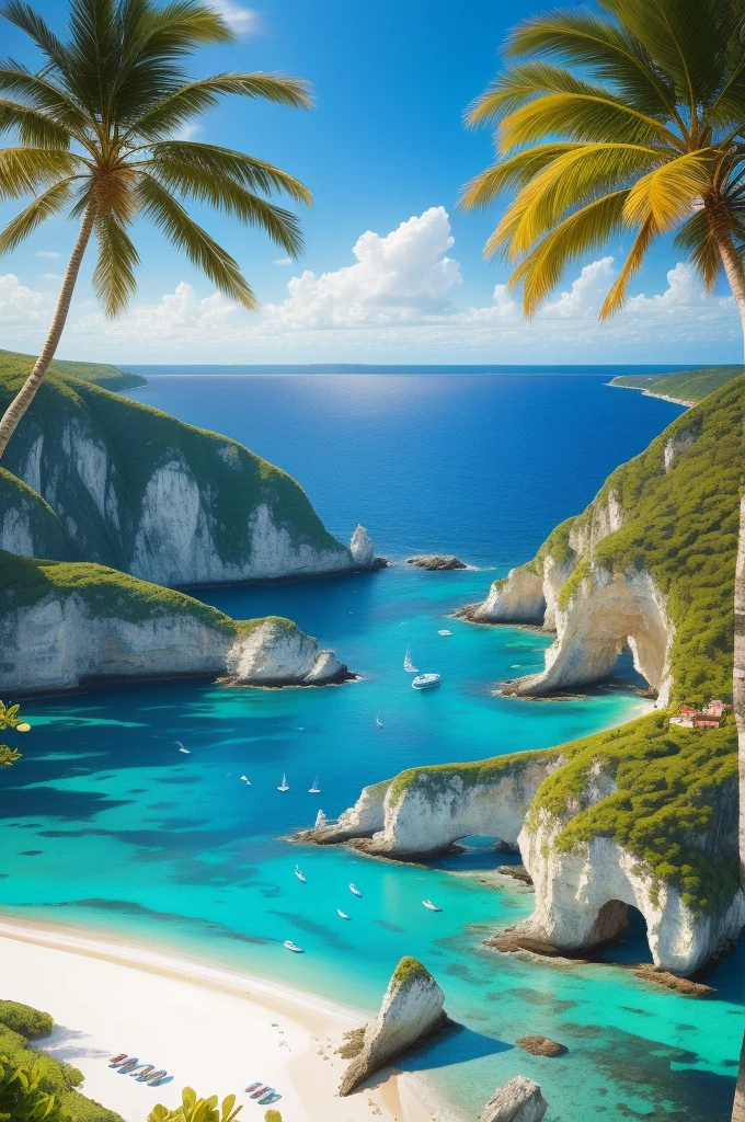 (best quality,4k,8k,highres,masterpiece:1.2),ultra-detailed,(realistic,photorealistic,photo-realistic:1.37),landscape,seascape,natural beauty,serene atmosphere,calm waves,glistening ocean,glorious summer,sandy beach,sun-kissed horizon,blissful tranquility,majestic cliffs,swaying palm trees,clear blue sky,gentle breeze,endless horizon,splendid sunlight,breathtaking colors,vibrant hues,harmonious composition,soft reflections,ethereal ambiance,peaceful escape,warm sunlight illuminating the scenery,sparkling water,secluded paradise,enchanting shoreline,distant sailboats,seagulls soaring in the sky,invigorating scent of saltwater,pure serenity,secluded cove,azure waters,pristine beauty,unspoiled nature,captivating view,scenic wonder,natural oasis,dreamlike paradise.