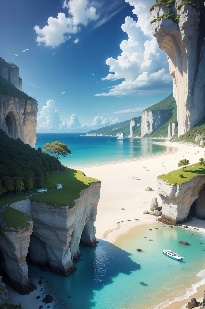 (best quality,4k,8k,highres,masterpiece:1.2),ultra-detailed,(realistic,photorealistic,photo-realistic:1.37),landscape,seascape,natural beauty,serene atmosphere,calm waves,glistening ocean,glorious summer,sandy beach,sun-kissed horizon,blissful tranquility,majestic cliffs,swaying palm trees,clear blue sky,gentle breeze,endless horizon,splendid sunlight,breathtaking colors,vibrant hues,harmonious composition,soft reflections,ethereal ambiance,peaceful escape,warm sunlight illuminating the scenery,sparkling water,secluded paradise,enchanting shoreline,distant sailboats,seagulls soaring in the sky,invigorating scent of saltwater,pure serenity,secluded cove,azure waters,pristine beauty,unspoiled nature,captivating view,scenic wonder,natural oasis,dreamlike paradise.