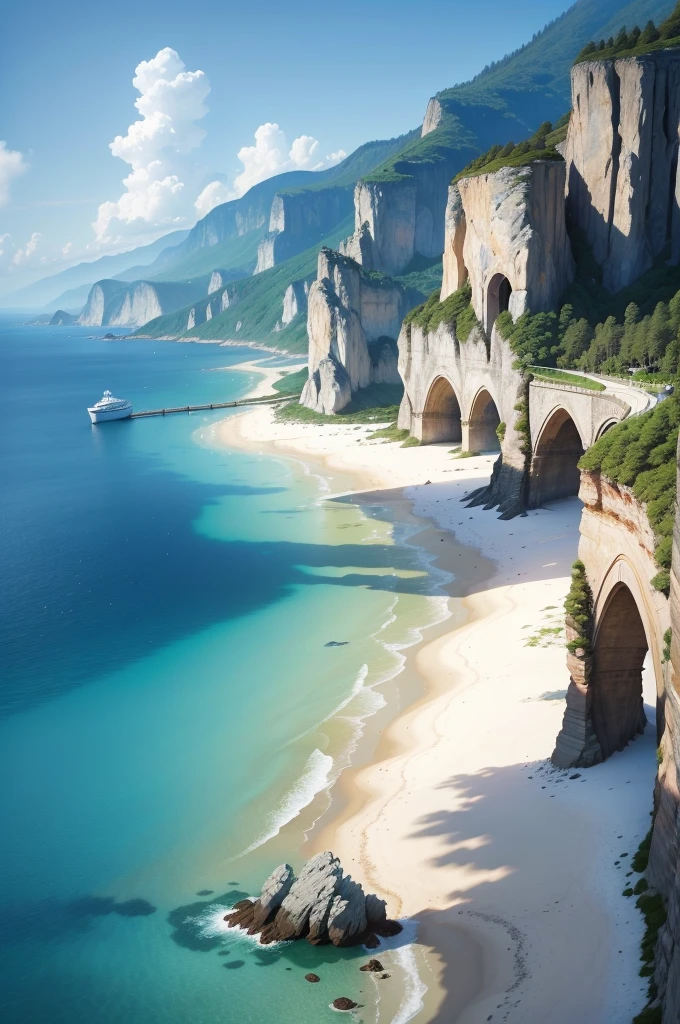 (best quality,4k,8k,highres,masterpiece:1.2),ultra-detailed,(realistic,photorealistic,photo-realistic:1.37),landscape,seascape,natural beauty,serene atmosphere,calm waves,glistening ocean,glorious summer,sandy beach,sun-kissed horizon,blissful tranquility,majestic cliffs,swaying palm trees,clear blue sky,gentle breeze,endless horizon,splendid sunlight,breathtaking colors,vibrant hues,harmonious composition,soft reflections,ethereal ambiance,peaceful escape,warm sunlight illuminating the scenery,sparkling water,secluded paradise,enchanting shoreline,distant sailboats,seagulls soaring in the sky,invigorating scent of saltwater,pure serenity,secluded cove,azure waters,pristine beauty,unspoiled nature,captivating view,scenic wonder,natural oasis,dreamlike paradise.