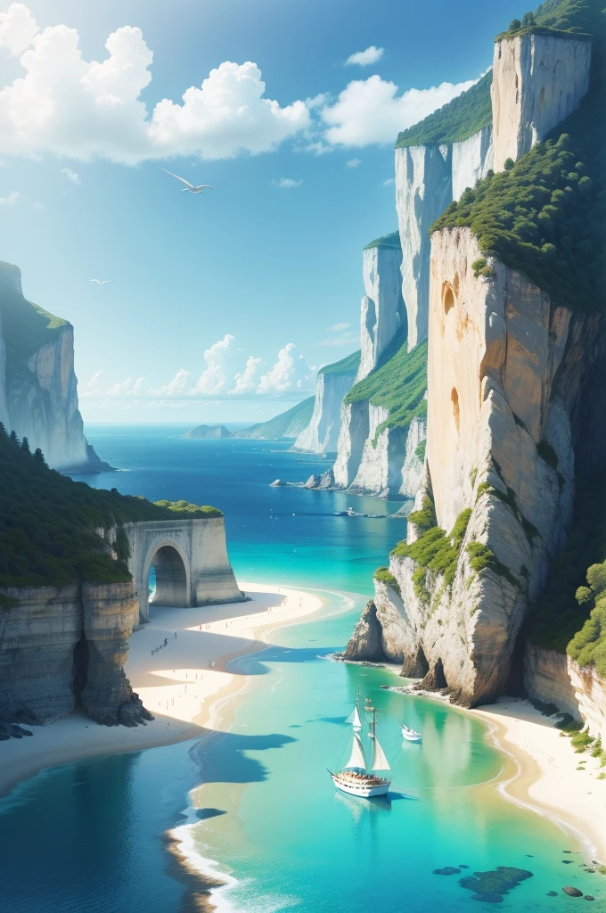 (best quality,4k,8k,highres,masterpiece:1.2),ultra-detailed,(realistic,photorealistic,photo-realistic:1.37),landscape,seascape,natural beauty,serene atmosphere,calm waves,glistening ocean,glorious summer,sandy beach,sun-kissed horizon,blissful tranquility,majestic cliffs,swaying palm trees,clear blue sky,gentle breeze,endless horizon,splendid sunlight,breathtaking colors,vibrant hues,harmonious composition,soft reflections,ethereal ambiance,peaceful escape,warm sunlight illuminating the scenery,sparkling water,secluded paradise,enchanting shoreline,distant sailboats,seagulls soaring in the sky,invigorating scent of saltwater,pure serenity,secluded cove,azure waters,pristine beauty,unspoiled nature,captivating view,scenic wonder,natural oasis,dreamlike paradise.