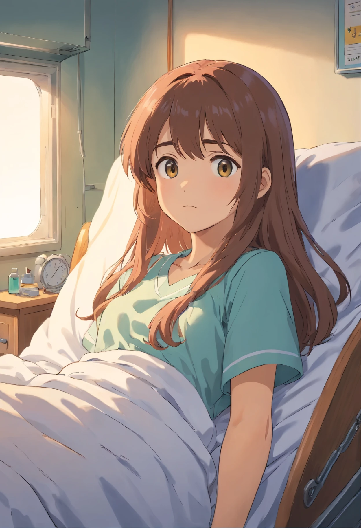 Chica anime acostada en la cama con una almohada y un reloj. - SeaArt AI