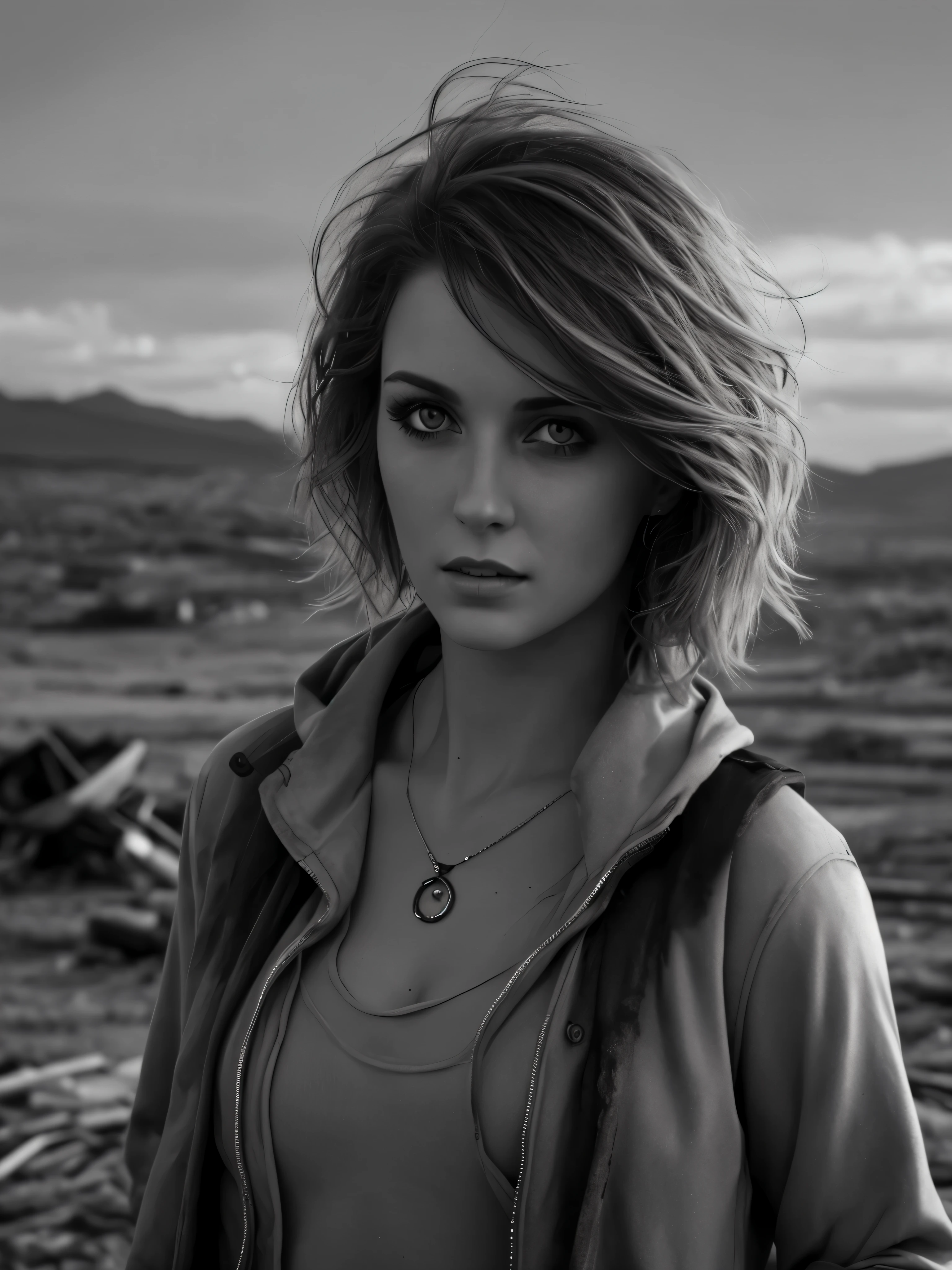 photorealistic, Masterpiece photo in shades of gray, woman with disheveled hair and tiny post-apocalyptic clothes, cute sexy, (Detailed wasteland background), ultra sharp focus, Detailed face, (((posing))), random hair color, short hair, Beautiful eyes, whole body, high quality black and white image