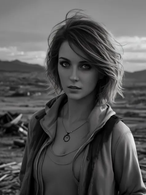 photorealistic, Masterpiece photo in shades of gray, woman with disheveled hair and tiny post-apocalyptic clothes, cute sexy, (D...