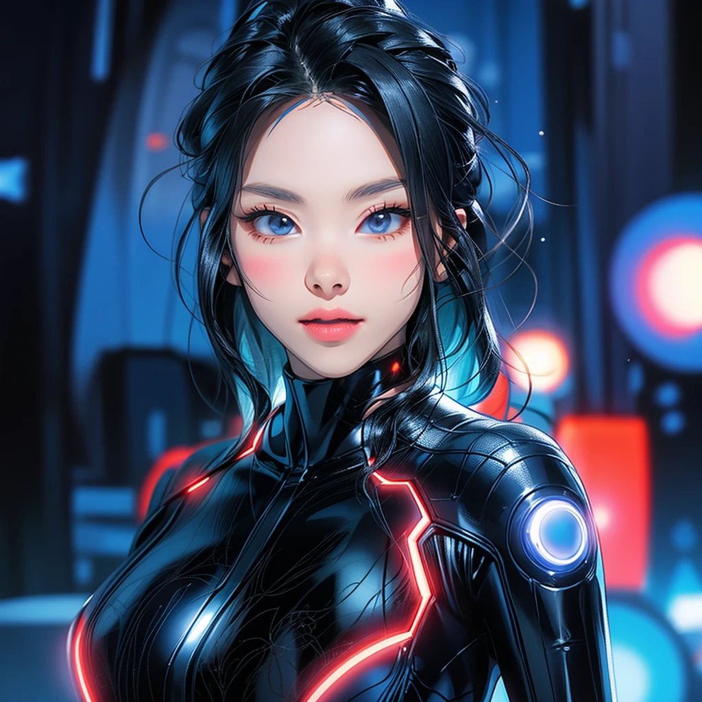 beautiful woman, tron suit, anime realism, illustration