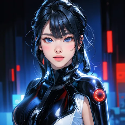 beautiful woman, tron suit, anime realism, illustration