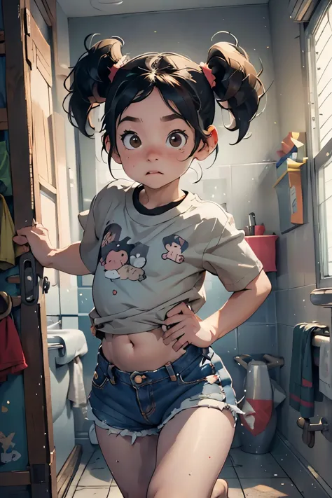 masterpiece，8K，highest quality，long black pigtails，Twin pigtails，brown eyes，round face，Freckles，very short stature，small body，embarrassing，Proudly,barefoot，very thin limbs，small breasts about to swell，very small butt，Distressed denim low leg shorts，Tsunder...