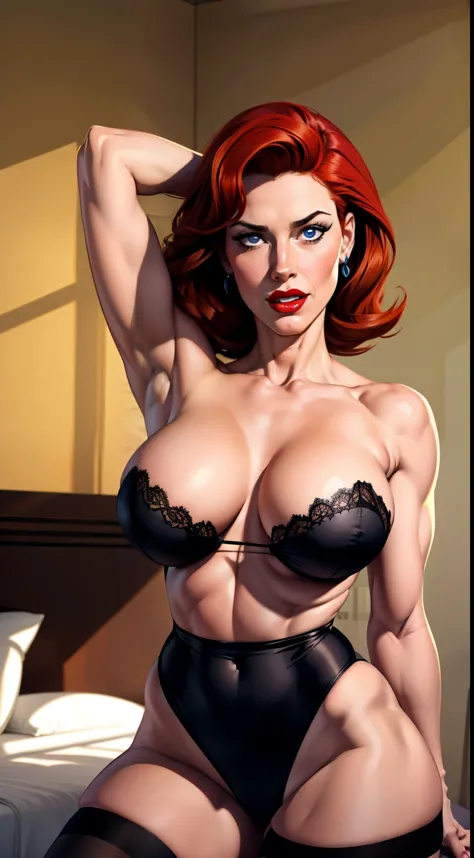 Deep of field, detailed background, hotel bedroom, One sexy linda flynn-fletcher, blue eyes, poised in an alluring action, with a lascivious face, black curly red hair falling over her shoulders, bright blue eyes, dressed in a revealing black bikini, inclu...