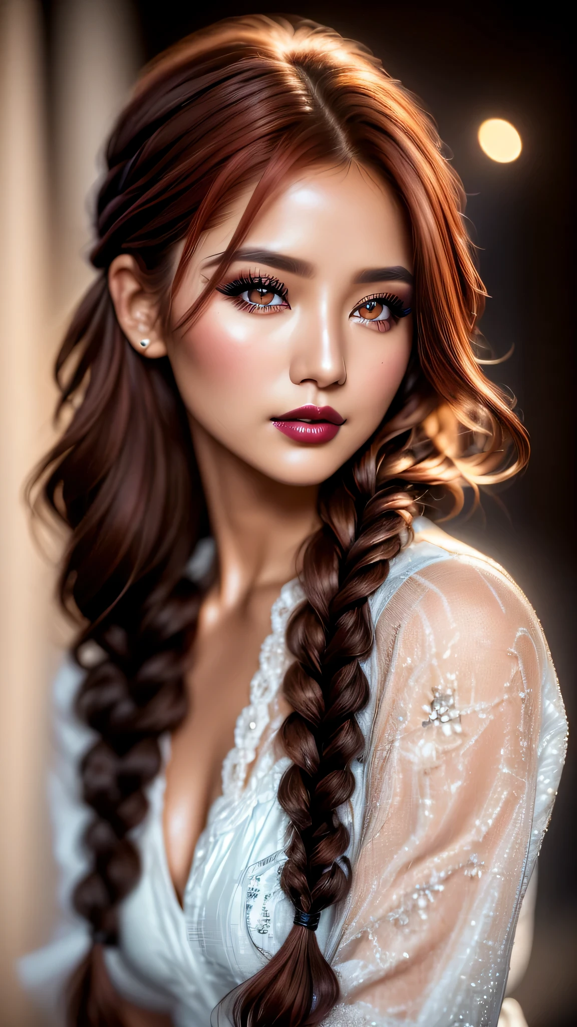 Ultra-realistic、 ultra-detailed primetime portraits、 最high quality、 8K, highest level、 The ultra -The high-definition)、(Super beautiful)、(beautiful face:1.5)、(detailed face:1.5)、(detailed eyes:1.2)、(detailed lips:1.35)、(Detailed nose:1.2)、1girl:1.4   22 years old、fashion supermodel、 real:1.55、photorealistic:1.55、very delicate and beautiful、fine detailasterpiece、 最high quality、 high quality、 High resolution、 (Glamour、 paparazzi taking pictures of her)、 (light、 side-braids low medium red hair、 extremely detailed)、 high contrast、 (dark shot:1.08)、 Long 2blue_eyelashes:1.4、 (dark_eyeshadows:1.25)、 ((Glossy)) red_lipstick:1.45、(perfect round eyes)、 ((brown_eyes:1.3))、 (dark_makeup:1.3)、(tanned matte skin:1.2)、 ((upper body shot))