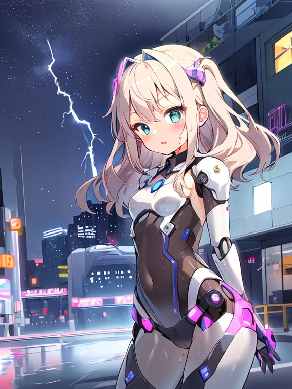 ((masterpiece:1.4、highest quality))+、(super detailed)+、
1 girl、cyberpunk city、flat chest、wavy hair、mecha clothes、(robot girl)、Cool move、Silver Bodysuit、colorful background、Wet day、(lightning effect)、Silver Dragon Armor、(cold face)、cowboy shot、pretty girl