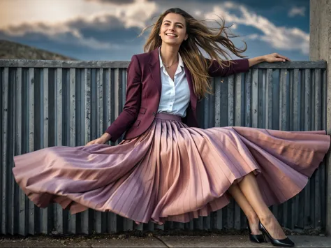 (35mm f1.4 Kodak portra 400 photograph, extremely high quality RAW photograph), authentic (shy smiling) (beautiful compassionate woman) sitting and playing with her skirt, wearing short blazer with very detailed (long (fully pleated) full circle skirt) and...