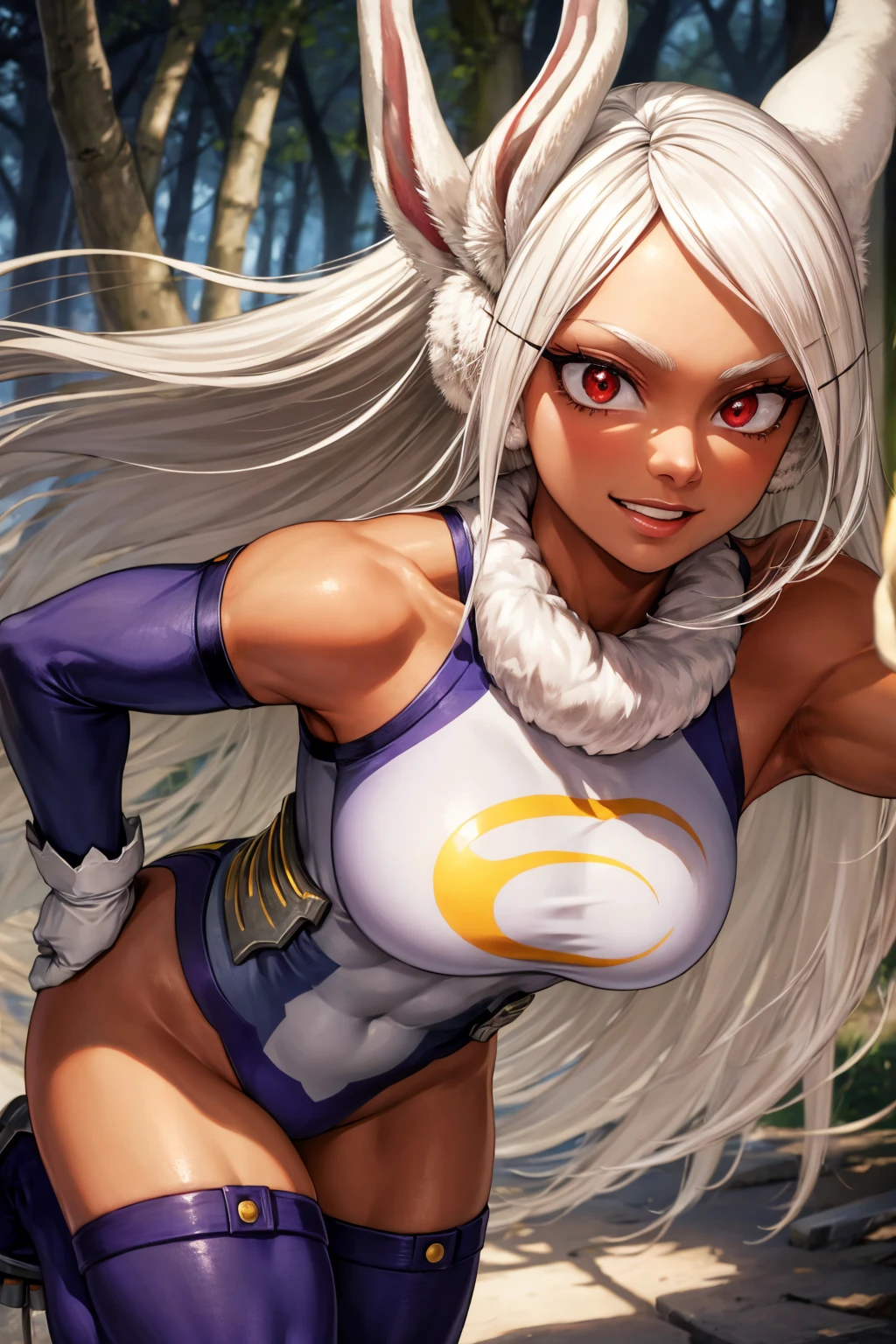 (masterpiece), best quality, expressive eyes, perfect face, front view, textured skin, beautiful detailed face, beautiful detailed eyes, ambient light, realistic shadows, beautiful detailed pupils, mirko, 1girl, smile, white leotard, fur collar, sleeveless, white gloves, purple thighhighs, ((dark-skinned female)), ((dark skin)), muscular female, long hair, white hair, red eye, rabbit ears, large breasts, thighs, (forest)