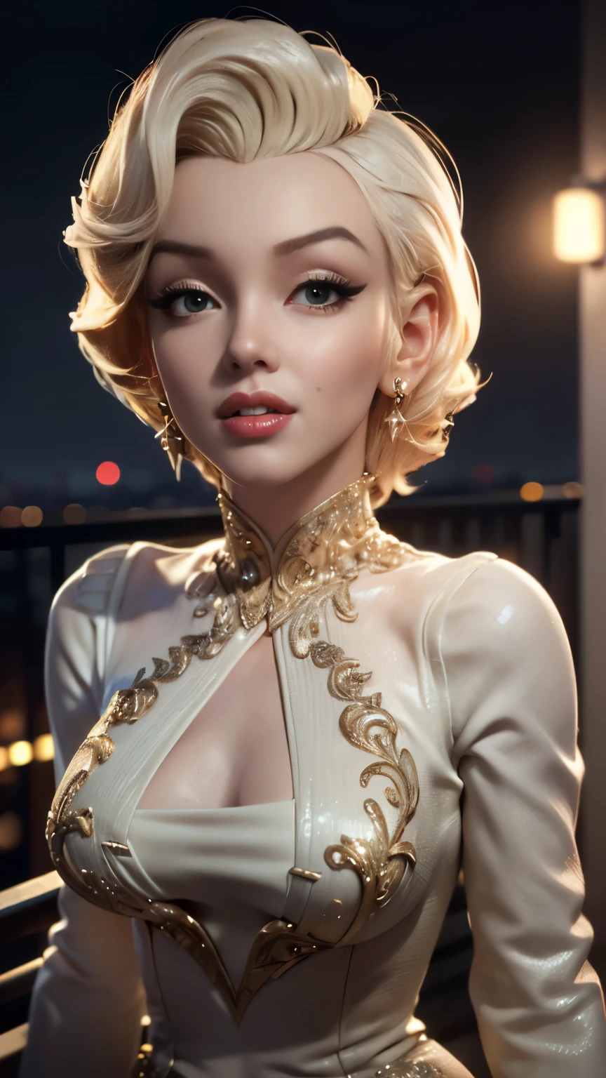 photo of Marilyn Monroe, RAW, beautiful woman, ((portrait)), ((detailed face:1.2)), ((detailed facial feature, detailed skin, clear skin), (perfect proportioned body), (wearing a bodycon dress) (high detailed city environment, apartment balcony), (realistic photo, best quality, detailed), (8k wallpaper), (cinematic lighting, dramatic lighting) (sharp focus, intricate)