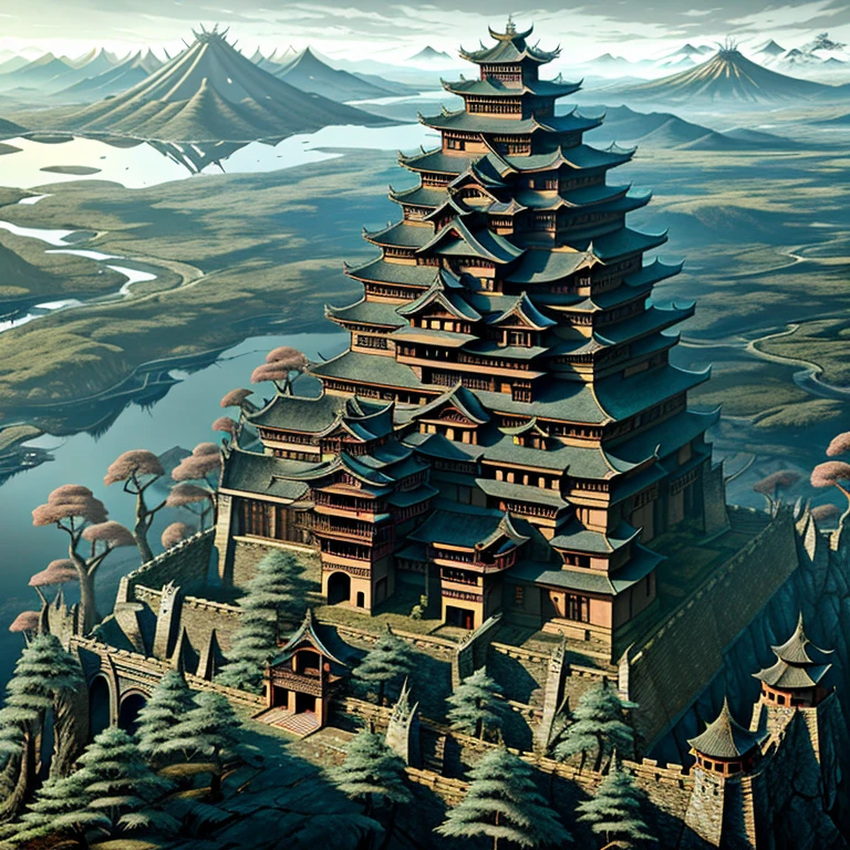 medieval castle, japanese architecture, japanese castle, View from the top, horror biomorphic landscape, exposition of eleven complex biomechanical monuments, spiked walls, madness, thorns, artstation, UHD, unreal engine, line art drawing style.