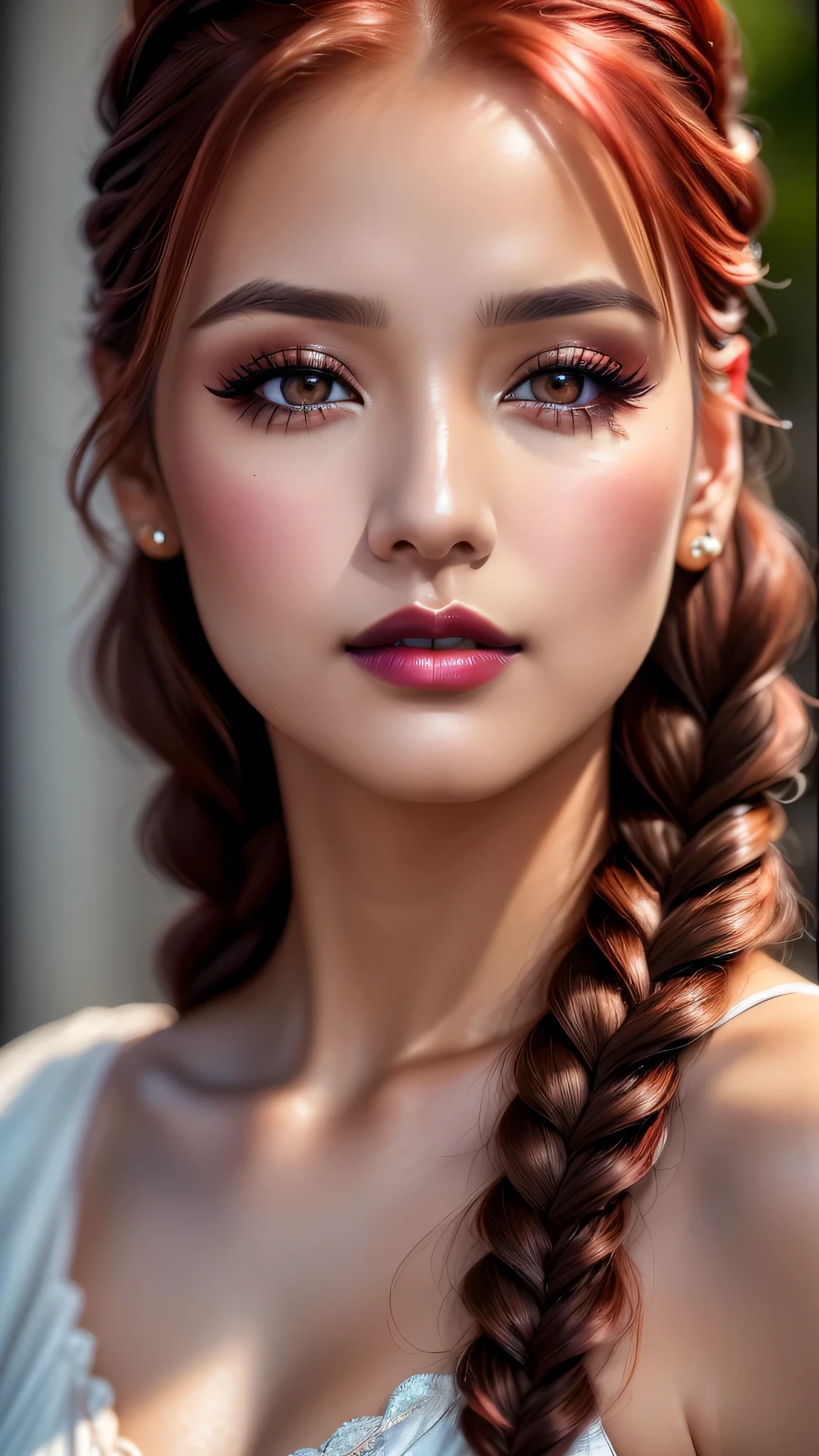 Ultra-realistic、 ultra-detailed primetime portraits、 最high quality、 8K, highest level、 The ultra -The high-definition)、(Super beautiful)、(beautiful face:1.5)、(detailed face:1.5)、(detailed eyes:1.2)、(detailed lips:1.35)、(Detailed nose:1.2)、1girl:1.4 (22 years old)、fashion supermodel、 real:1.55、photorealistic:1.55、very delicate and beautiful、fine detailasterpiece、 最high quality、 high quality、 High resolution、 (Glamour、 paparazzi taking pictures of her)、 (light、 side-braids low medium bright_red hair、 extremely detailed)、 high contrast、 (dark shot:1.05)、 Long 2blue_eyelashes:1.4、 (bright_eyeshadows:1.25)、 ((Glossy)) red_lipstick:1.35、(perfect round eyes)、 ((brown_eyes:1.25))、 (dark_makeup:1.3)、(tanned matte skin:1.2)、 ((upper body shot))