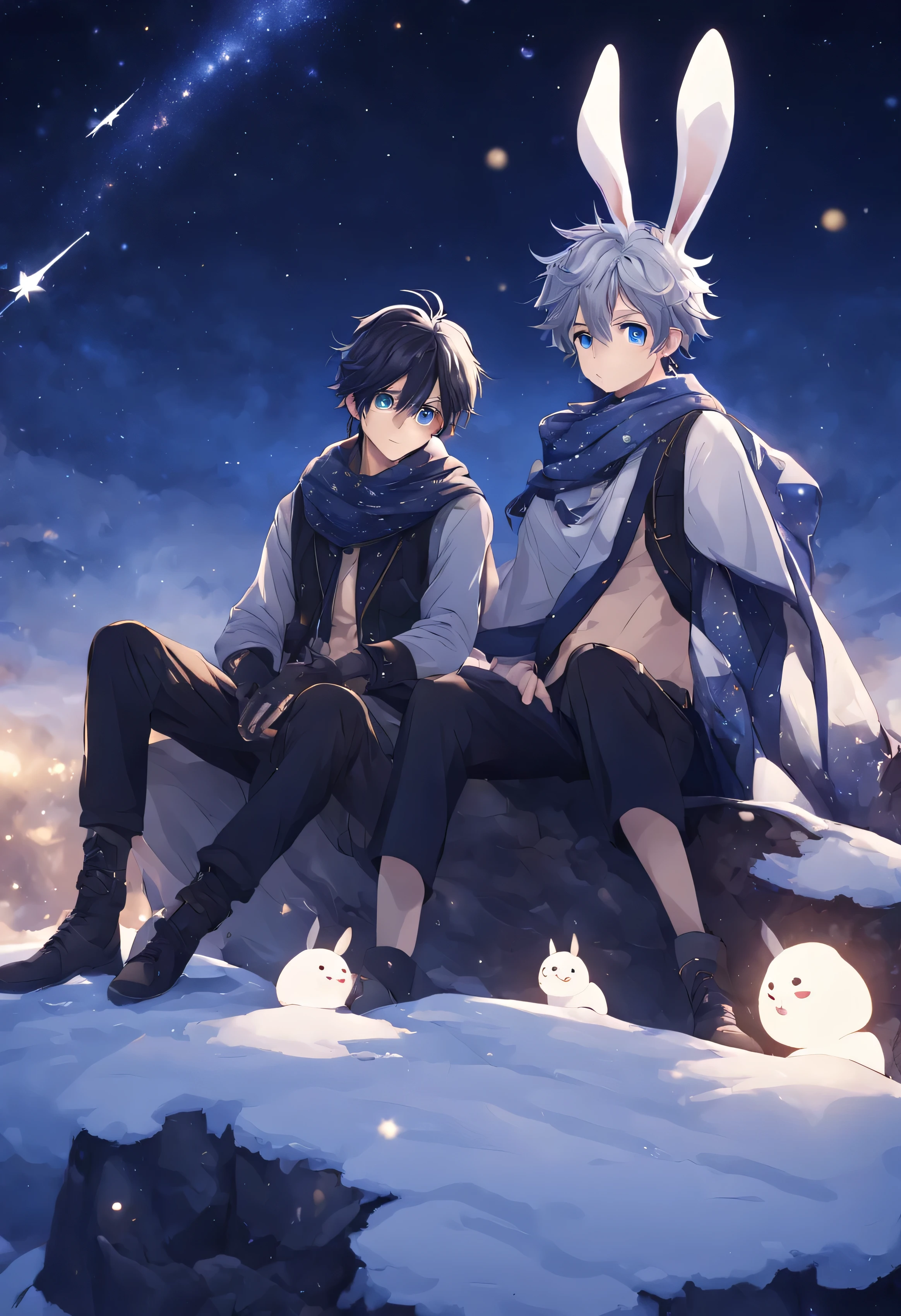 Two anime characters sitting on a rock with snow and stars in the  background - SeaArt AI