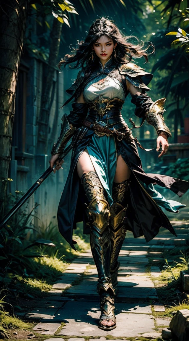 ((Full body Illustration)), high definition|quality|contrast. Magic Fantasy art. a imposing Chinese warrior woman holding a staff in combat pose, ((attack pose)), looking at the viewer, traditional dress in shades of green, tattoo on the leg, (swirl of leaves around), ambient soft light.