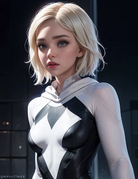Ghost Spider, Gwen in a black costume with a white spider in the center of her chest, organic looking outfit, sticky forehead, s...