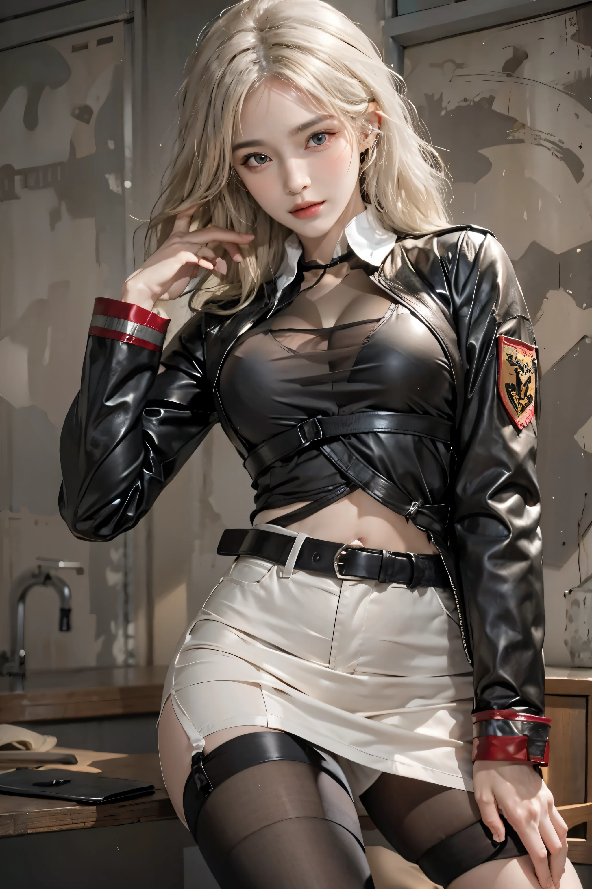 realistic, High resolution, soft light,1 female, alone, hip up, glowing skin, (detailed face),tattoo, jewelry, Bizarre uniform, black stockings, garter belt, night, blonde hair, wavy hair, Beautiful Soldier, Eyes that invite the viewer, lover&#39;s perspective, an inviting look, sexy smile, perfect style, perfect balance, fine skin, naughty look, I can see your chest