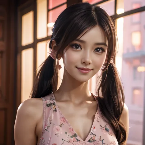 Realistic pictures of cute women,Lin Xiaoyu、 uneven twin tails, Glowing ring hair clip、light makeup, medium chest size, smile a little, (Pink dress)、(Floral dress)、(full body shot), Clear facial features with sharp and realistic details, Sony FE, 35mm, cin...